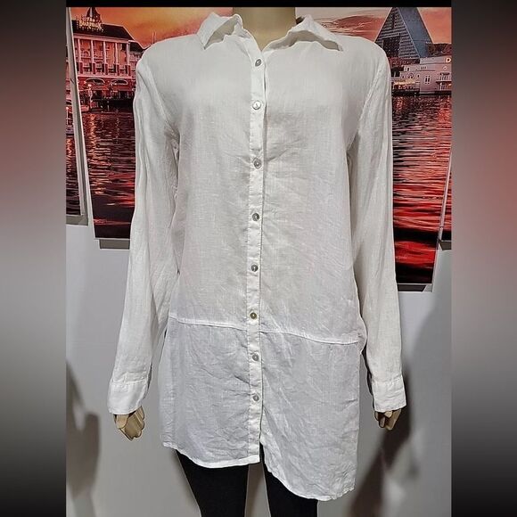 Tahari 100% Linen White Button Down Tunic Top Women’s Sz XL Lagenlook Coastal - Picture 1 of 10